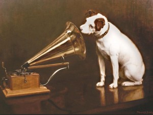 Dog listening to a gramaphone