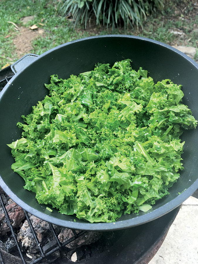 Lightly fry the kale with the onion in 2 tablespoons of olive oil. Season with salt and pepper.
