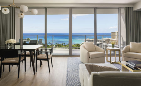 living and dining room with ocean view