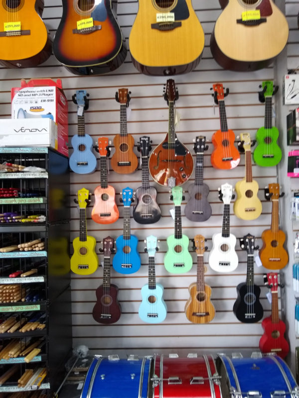 Guitars hanging on a store wall