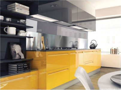 black and yellow kitchen