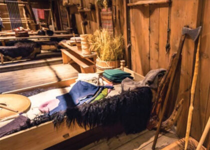 Viking bed inside the Longhouse in Lofotr Viking Museum